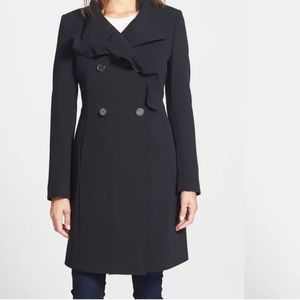 T Tahari Ruffle Trim Double Breasted Coat.Size: 2 Color: BLACK. ORIGINAL : $189